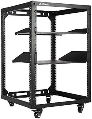 AEONS 15U Open Frame Network Server Rack 19-inch 4 Post AV Rack with Casters for Floor Standing and Wall Mount, Side Load for extra depth Complete Kit with 1U and 2U Vented Shelves, Black