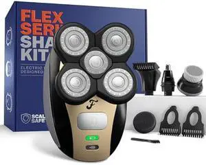 Freebird FlexSeries Electric Head & Body Hair Shaver - Mens Cordless Rechargeable Wet/Dry Skull Bald Head Back & Groin Waterproof Razor with Rotary Blades, Clippers, Nose Trimmer, Brush, Massager