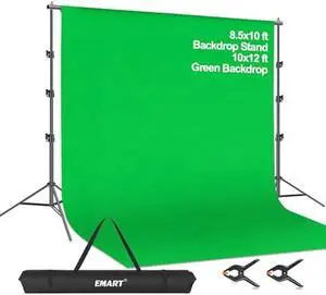 EMART Photo Video Studio 8.5 x 10ft Green Screen Backdrop Stand Kit, Photography Background Support System with 10 x12ft 100% Cotton Muslin Chromakey Curtain