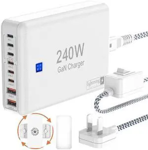 240W Fast Charging Blocks, 8-Port Charging Station for iPhone/Ipad/MacBook, 6C2A PD GaN Charger Box, USB Tower Hub 5ft Braided Power Cord with On/Off Switch, Flat Plug, Travel Essentials