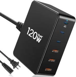 GaN 120W 6-Port USB Charging Station - USB-C & USB-A Laptop Charger for iPhone, iPad, Samsung Galaxy, Tablet