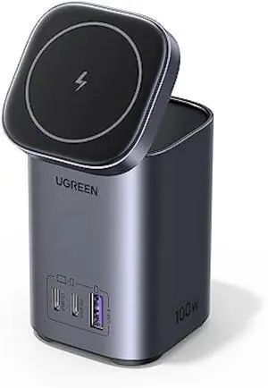 UGREEN Nexode 100W USB C Charging Station, 4-Port GaN Desktop Charger with 15W Qi2 MagSafe Wireless Charging Stand for iPhone 17/16/15/14/13/12, AirPods Pro, MacBook Pro, Galaxy S25/S24, Pixel 10/9
