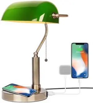 FIRVRE Glass Bankers Desk Lamp USB Wireless Charging Port LED Desk Lamp Classic Retro Pull Chain Switch Table lamp Reading Modern for Home Office nightstand Bedside Study Desk Library (Green)