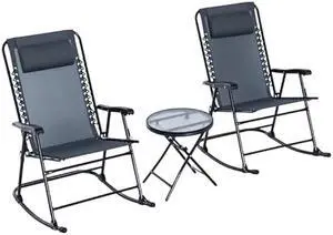 Outsunny 3 Piece Outdoor Rocking Bistro Set, Patio Folding Chair Table Set with Glass Coffee Table for Yard, Patio, Deck, Backyard, Grey
