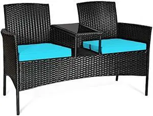 HAPPYGRILL Patio Loveseat Rattan Wicker Loveseat with Coffee Table, Outdoor Conversation Sofa Furniture with Cushions for Garden Lawn Backyard Porch