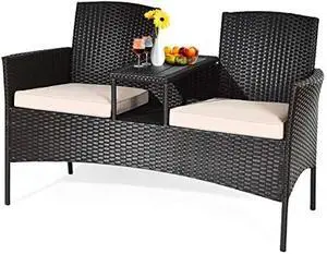 HAPPYGRILL Outdoor Loveseat with Removable Cushions and Coffee Table, Rattan Patio Wicker Conversation Set for Garden Lawn Backyard