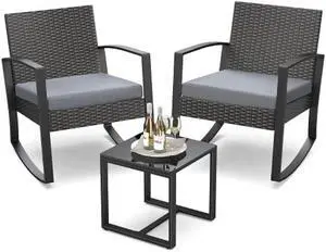 3 Pieces Outdoor Patio Furniture Set Rocking Bistro Set Outdoor Rattan Conversation with Coffee Table for Garden Balcony Backyard Poolside (Grey Cushion)