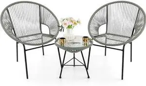 Tangkula 3 Piece Outdoor Patio Furniture Set, Acapulco Chair Set w/Plastic Rope, Tempered Glass Table, All Weather Patio Bistro Set for Patio, Lawn, Garden, Backyard (Grey)