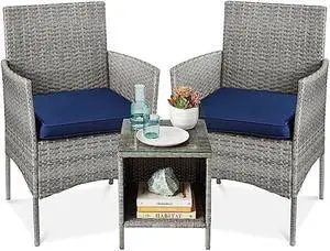 Best Choice Products 3-Piece Outdoor Wicker Conversation Bistro Set, Space Saving Patio Furniture for Garden w/Side Table - Gray/Navy