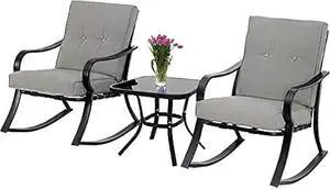 Betterland Outdoor 3-Piece Rocking Chairs Patio Bistro Sets, Glass-Top Coffee Table & Black Metal Patio Furniture with Thickened Cushions (Grey)