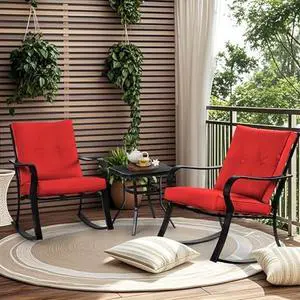 Incbruce 3 Piece Patio Bistro Set Outdoor Rocking Chairs Set, Porch Patio Conversation Chairs Set of 2 with Glass-Top Coffee Table (Red Thickened Cushion)