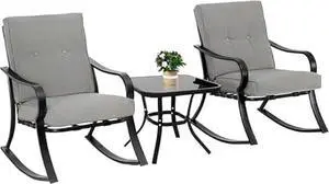 Oakmont Outdoor Furniture 3 Piece Conversation Bistro Set Rocking Chairs and Glass Top Table, Thick Cushions, Black Steel (Grey)