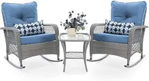 UDPATIO 3 Piece Patio Furniture Set, Wicker Rocking Bistro Set with 2 Rockers, 1 Side Table and 4 Thick Cushions for Backyard, Porch, Balcony, Poolside, Grey/Blue