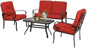 Oakcloud 4Pcs Metal Outdoor Furniture Patio Conversation Set (Loveseat and Coffee Table, 2 Dining Chair) -Wrought Iron Patio Chair Set with Cushions (Red)