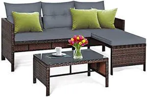 DORTALA 3 Piece Wicker Patio Furniture Set, PE Rattan Outdoor Sectional Sofa Conversation Set with Loveseat, Lounge and Tempered Glass Coffee Table for Garden Lawn Deck (Grey)