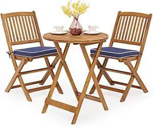 Tangkula 3 PCS Patio Folding Bistro Set, Outdoor Acacia Wood Chair and Table Set w/Padded Cushion& Round Coffee Table, Ideal for Indoor Patio Poolside Garden (Navy Blue)