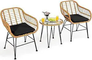 Tangkula 3 Pieces Patio Bistro Set, Rattan Conversation Set with 2 Cushioned Armchairs & Round Glass Coffee Table, Indoor Outdoor Wicker Furniture Set for Balcony, Backyard, Garden, Poolside