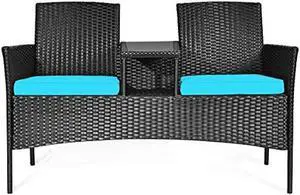 RELAX4LIFE Conversation Furniture Set with Table and Two Removable Cushions Rattan Wicker Chairs and Table Set for Patio,Garden, Baloney and Lawn Outdoor Porch Furniture Sets Loveseat (Black+Blue)