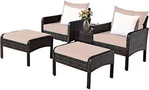 Tangkula Wicker Furniture Set 5 Pieces PE Wicker Rattan Outdoor All Weather Cushioned Sofas and Ottoman Set Lawn Pool Balcony Conversation Set Chat Set