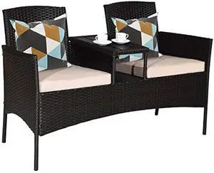 Tangkula Outdoor Rattan Loveseat, Patio Conversation Set with Cushions & Table, Modern Patented Wicker Sofa Set with Built-in Coffee Table, Rattan Sofas for Garden Lawn Backyard