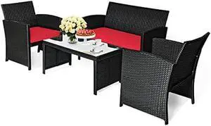 KOTEK 4 Pieces Patio Furniture Set, Outdoor Rattan Wicker Patio Conversation Set, Outdoor Rattan Sofa and Table Set w/Cushions & Tempered Glass Tabletop for Garden, Lawn, Backyard (Red)