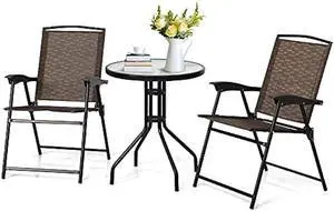 Tangkula 3 Pieces Patio Bistro Set, Outdoor Folding Chairs & Table Set with Tempered Glass Tabletop, Round Table & 2 Foldable Chairs, Small Outdoor Furniture Set for Garden, Poolside & Backyard