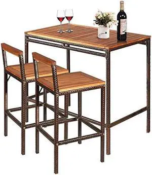 Tangkula 3 Pieces Patio Bar Table Set, Outdoor Rattan Bistro Set with Acacia Wood Top, Wood Table Set with 2 Bar Chairs for Dining Room, Backyard, Patio and Balcony