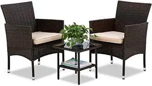 FDW | 3-Piece Patio Furniture Set | Brown | Outdoor Wicker Furniture with Coffee Table | Modern Rattan Chairs Conversation Set | Outdoor Seating | Weather-Resistant | for Porch, Garden, Lawn
