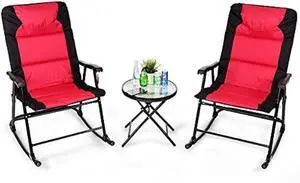 Giantex 3 PCS Folding Bistro Set Outdoor Patio Rocking Chairs Round Table Set 2 Rocking Chairs w/Glass Coffee Table for Yard, Patio, Deck, Backyard Padded Seat (Red & Black)