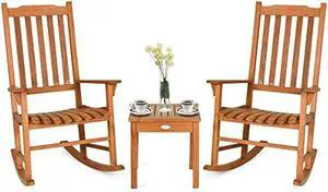 Tangkula 3 Piece Patio Rocking Bistro Set, Patiojoy Eucalyptus Wood Conversation Set with 2 Rockers and 1 Coffee Table, Outdoor Rocking Chair Set with Coffee Table for Porch, Patio and Backyard