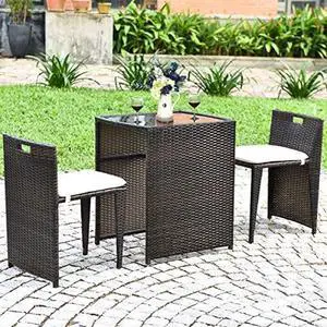 Tangkula 3 Piece Outdoor Rattan Dining Set, No Assembly Patio Bistro Set with Tempered Glass Table, Space Saving Patio Wicker Cushioned Chair Furniture Set for Courtyard, Balcony, Garden (Brown)