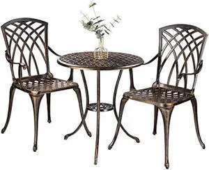 Bistro Set 3 Piece Rustproof Cast Aluminum Patio Furniture Sets Round Table with Umbrella Hole for Outdoor, Patio, Balcony, Bronze