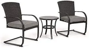 Grand patio 3-Piece Bistro Set, Outdoor Wicker Table Set, Rocking Wicker Chairs with Removable Cushions and Small Coffee Table, Patio Furniture Sets for Balcony, Porch, Grey