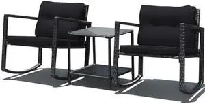 DORTALA 3 Pieces Patio Furniture Set, Rattan Rocking Chair and Glass Coffee Table with Cushions, Outdoor Wicker Conversation Bistro Set of 3 for Backyard Poolside, Black