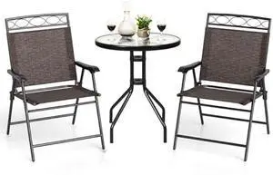 DORTALA 3-Piece Outdoor Indoor Bistro Conversation Set, Patio Pub Dining Set with 2 Folding Chairs & Round Tempered Glass Table, Umbrella Cutout, Outdoor Dining Furniture Set for Garden Pool Backyard