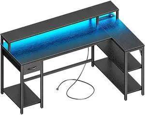 SUPERJARE 53 inch Reversible L Shaped Desk with LED Lights & Power Outlets, Computer Desk with Shelves & Monitor Stand, Gaming Desk with Drawer, Home Office Desk Corner Desk, Black