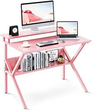 ODK Smll Desk Kids Desk, 27.5 Inch Computer Desk for Small Spaces, Mini Desk with Storage, Writing Desk with Monitor Stand for Homeschool, Pink