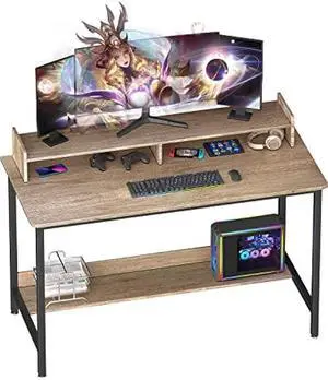 WOODYNLUX Computer Desk for Home-Office with Storage-Shelves - Modern Simple Style Metal Frame Laptop Notebook PC Study Writing Student Makeup Table Desk with Monitor Stand Footrest, Easy to Assemble.