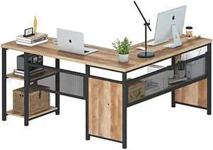 FATORRI L Shaped Computer Desk with Wood Shelves, Industrial Rustic Home Office Corner Desk with Metal Legs (Rustic Oak, 59 Inch)