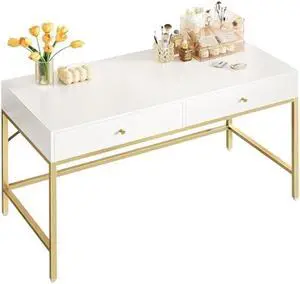 SUPERJARE Vanity Desk with Drawers, 47 inch Computer Desk, Modern Simple Home Office Desks, Makeup Dressing Table for Bedroom - White and Gold