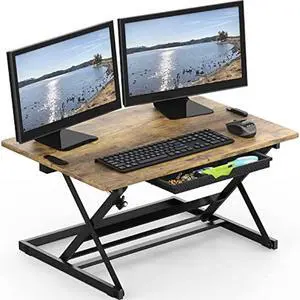 SHW 32 Over Desk Height Adjustable Standing Desk with Drawer, Rustic Brown