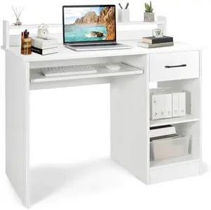 Tangkula White Desk with Drawer & Keyboard Tray, 22 Inch Wide Modern Study Writing Desk with Desktop Hutch & Storage Shelves, Home Office Desk for Teens, Wood PC Laptop Desk, Desk for Bedroom