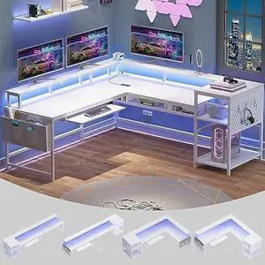 SEDETA L Shaped Gaming Desk, Reversible Computer Desk, Gaming Desk with Power Outlets & LED Strip, Monitor Shelf, Keyboard Tray, Pegboard and Storage Shelves for Home Office, White