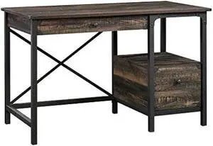 Sauder Steel River Desk, Industrial Office Desk with Two Drawers and Open Shelf - Carbon Oak Finish