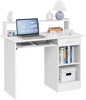 Yaheetech Home Office Wood Computer Desk with Keyboard Tray and Drawers, Students Writing Table with Storage Drawers & Hutch, Modern PC Laptop Desk, Multifunctional Workstation, White