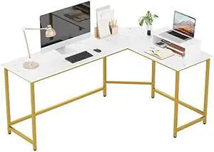 Weehom L Shaped Computer Desk with Monitor Stand, Reversible Corner Desk for Home Office, Modern PC Workstation Study Writing Table(White and Gold)