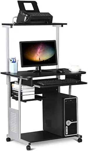 Yaheetech 2 Tier Mobile Computer Desk with Printer Shelf & Keyboard Tray Rolling Computer Table for Small Spaces, Compact Study Workstation with Wheels, Space Saving, Black