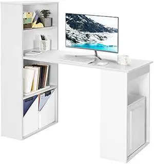 Tangkula White Computer Desk with Bookshelf, Writing Study Desk with Storage Shelves & CPU Stand, Modern Compact Computer Workstation for Home & Office, Space-Saving Design