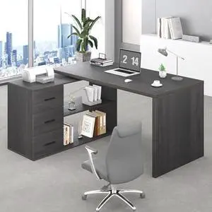 HSH L Shaped Desk with Drawers, Shape Computer Storage Cabinet Shelves, Reversible Modern Industrial Home Office Corner Desk, Rustic Wood Executive Writing Gaming Study Table, Gray 55 Inch