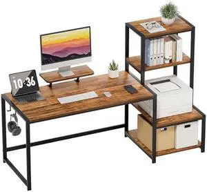 GreenForest Computer Desk 58 inch with Printer Shelf, Reversible Office Desk with Monitor Stand and 2 Hooks, Home Workstation for Study Writing Working Gaming, Brown